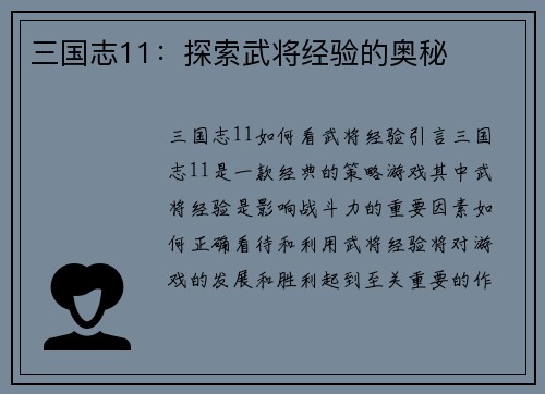 三国志11：探索武将经验的奥秘